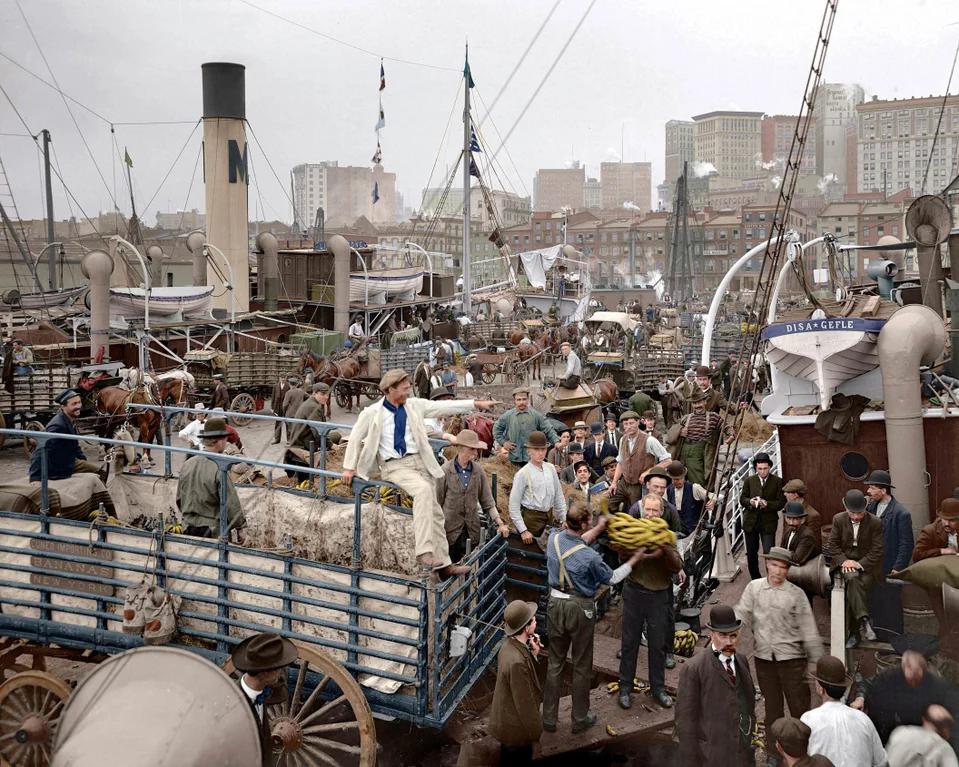 This (shockingly high-res & colorized) photo was taken over 100 years ago, and shows a crew of men unloading a banana boat in New York. I almost feel like I'm there.jpg