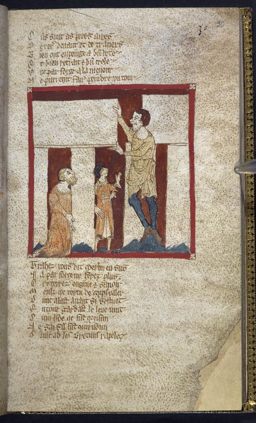 A giant helps Merlin build Stonehenge. From a 14th-century manuscript of the Roman de Brut by Wace, in the British Library. This is the oldest known depiction of Stonehenge in art..jpg