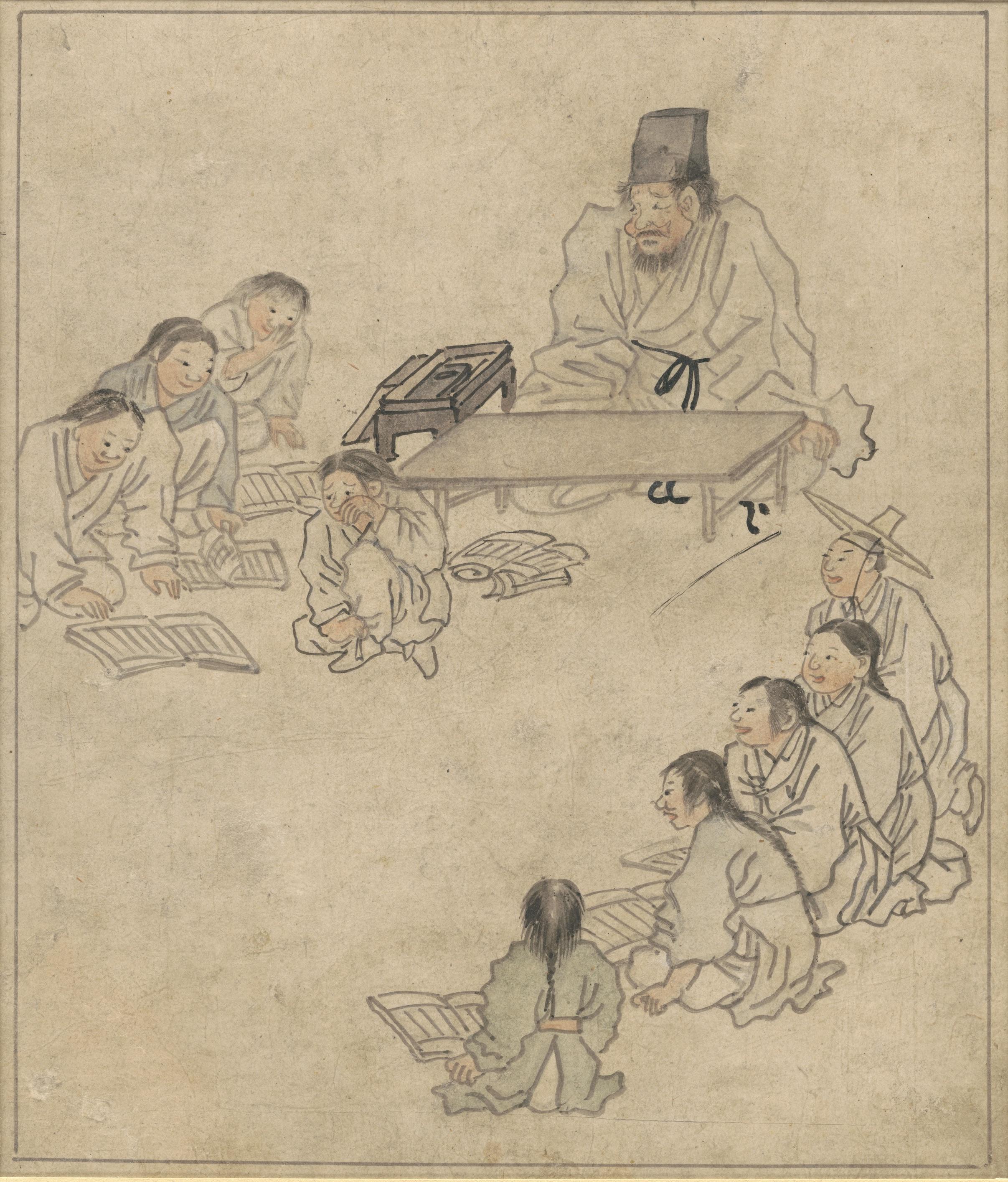 'Village school' Probably one of the most iconic traditional paint for the modern koreans. Painted by kim hongdo(1745~) famous for his unique and honest style of genre paintings.(Korea, Josun era).jpg