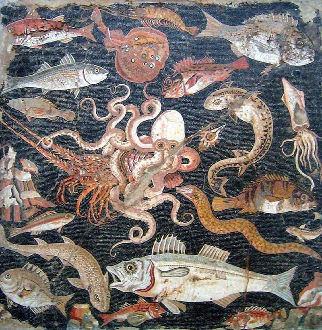 Sea Creatures Mosaic. Originally from the House of the Faun, Pompeii. (180 BC) Now at the National Archaeological Museum, Naples.jpg