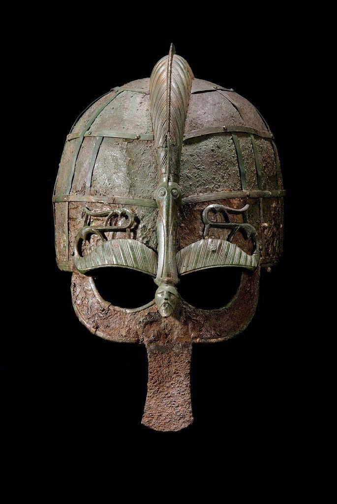 A 7th century pre-Viking helmet which was discovered inside a ship burial at Vendel, Uppland, Sweden.jpg