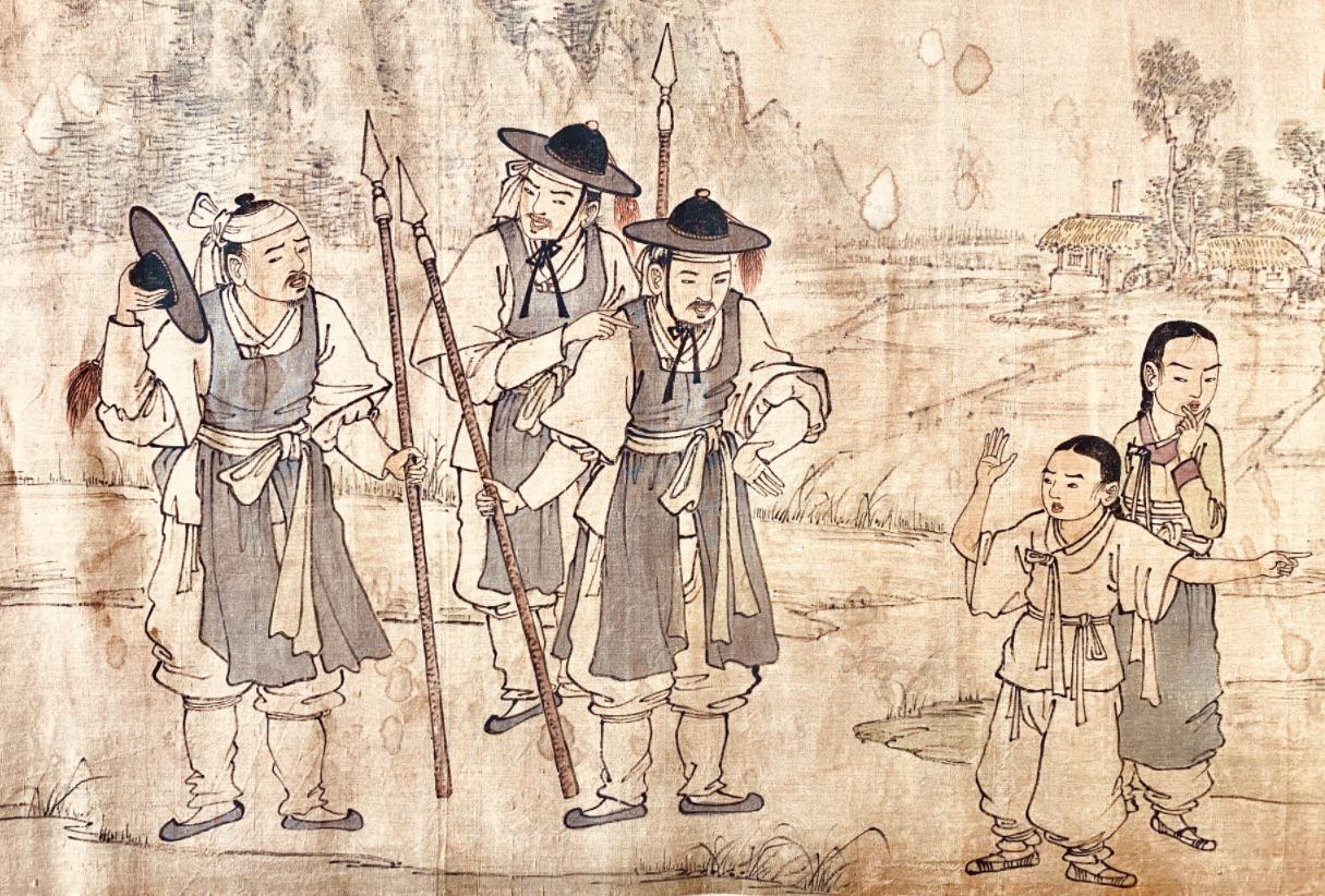 Kids reporting something to the police officers, Genre painting painted by KimChang-up(1658-1721, Korea, Josun era).jpg