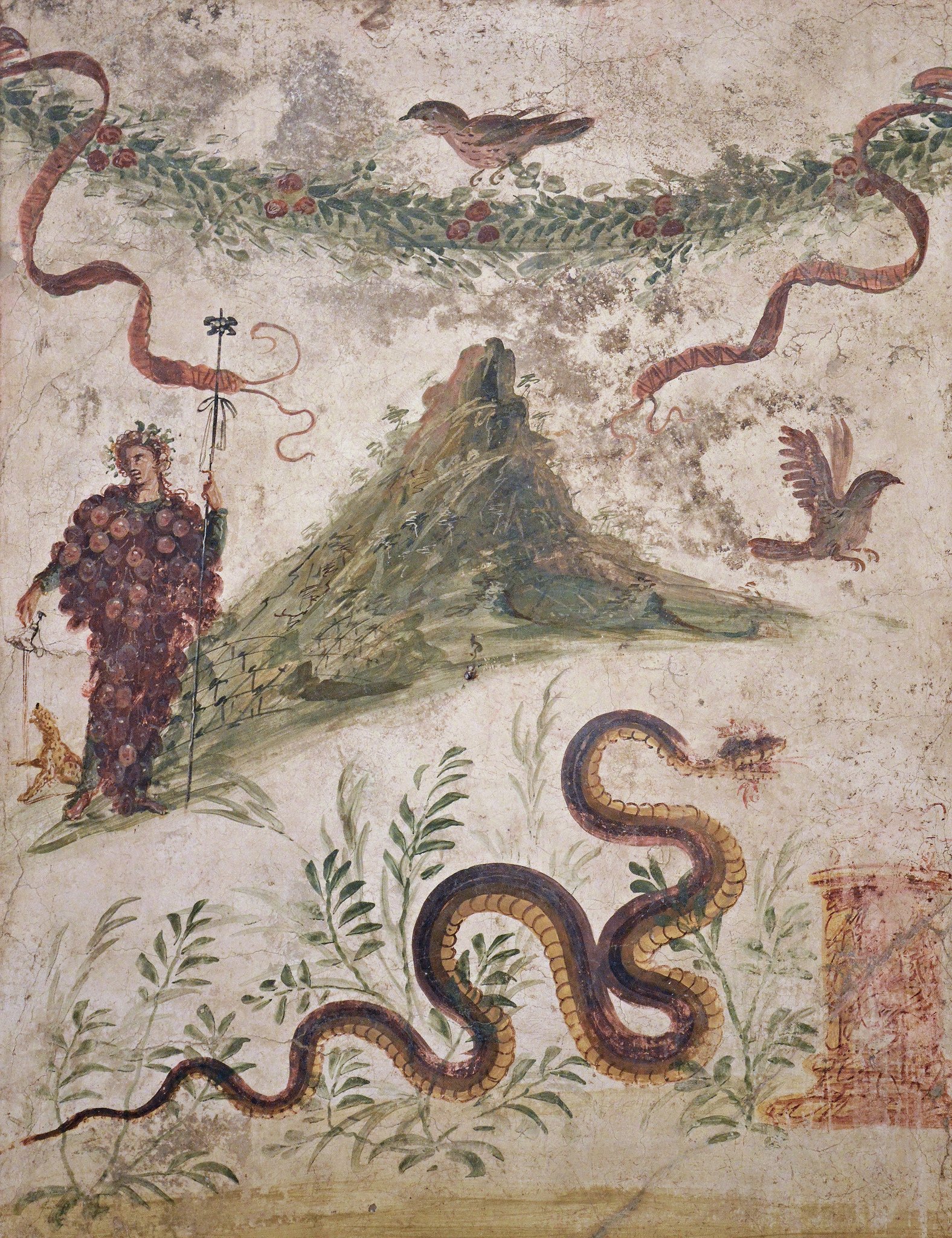 Roman fresco depicting Bacchus wearing a bunch of grapes with a panther at his feet and most probably Mount Vesuvius. From the Lararium of the House of the Centenary, Pompeii.jpg