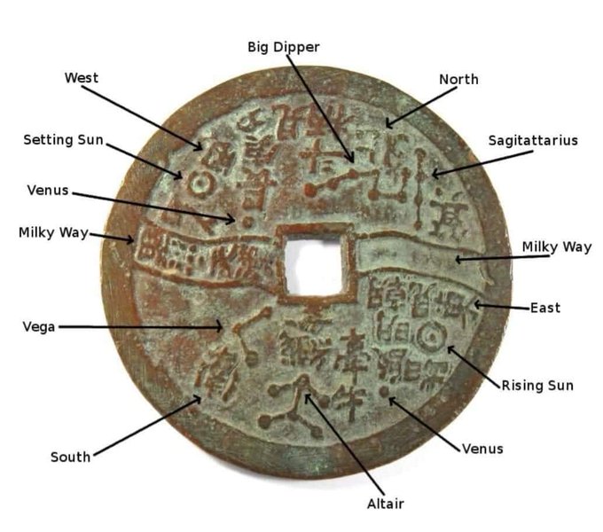 Chinese astronomy coin found in a tomb from Xian, around 25 BC Han dynasty. The back side of coin depicts sun and moon (link in the submission comment). The coin has diameter of 79 mm and thickness of 3.5 mm.jpg