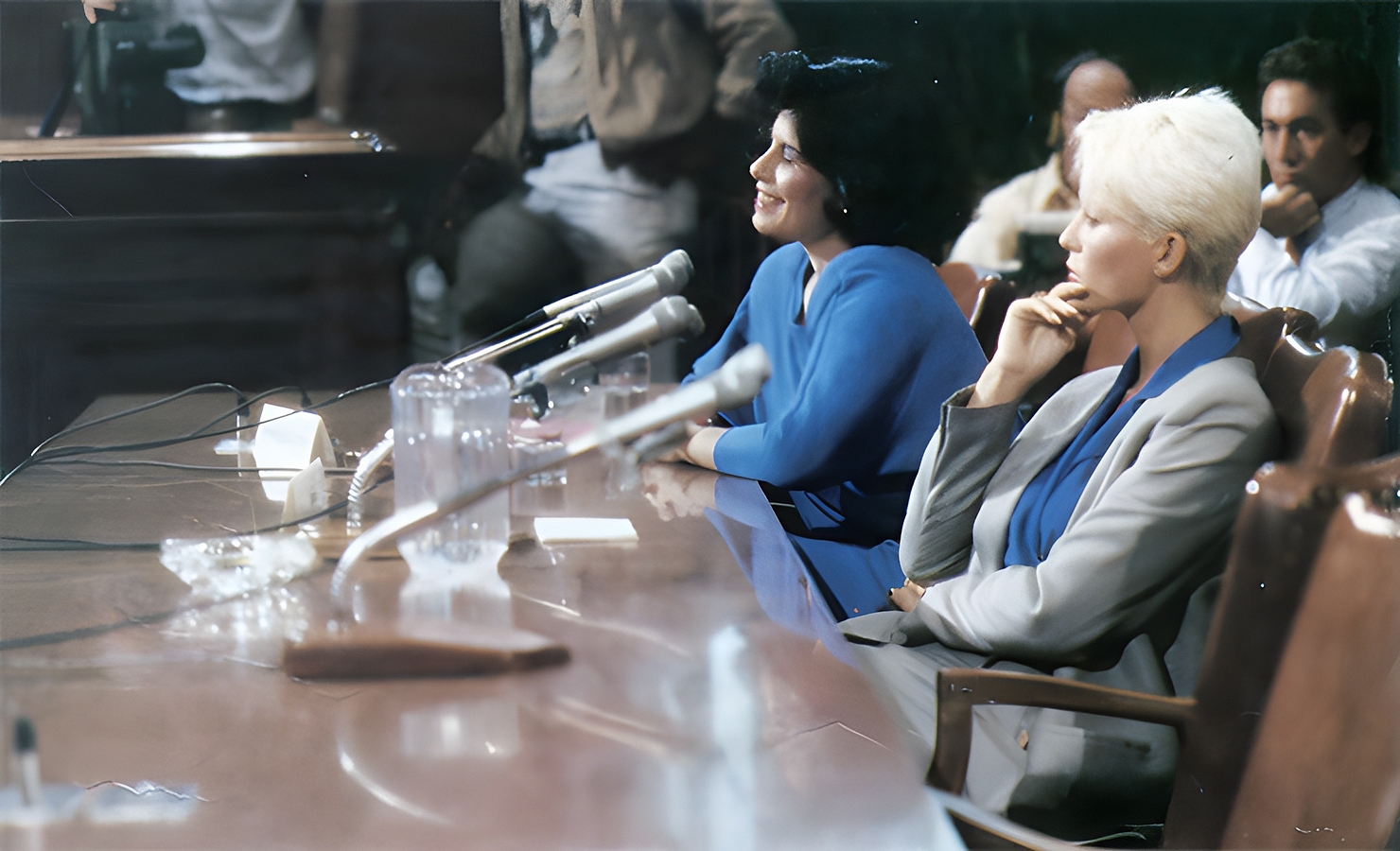 Adult entertainment actresses Veronica Vera and Seka giving testimony on freedom of expression, before a Senate Judiciary Committee, regarding the anti-pornography Meese Commission. 1985..jpg