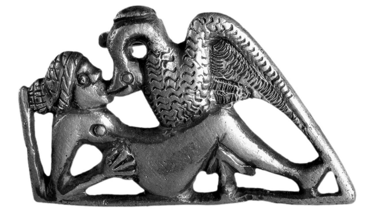 Roman silver fibula depicting the famous mythological scene of Leda and the Swan, 3rd century. (Leda was the mother of Helen of Troy.).jpg