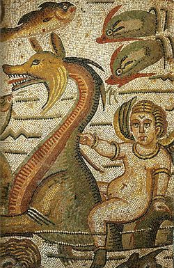 Roman mosaic from Sicily showing the monster. The object was found in Sicily. Dated to the 4th century BCE.jpg