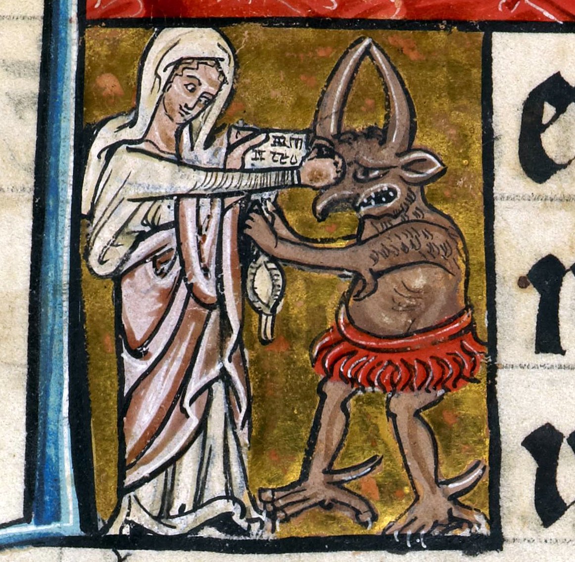 The Virgin Mary punching the devil in the face, The De Brailes Hours, Oxford ca. 1240.jpg