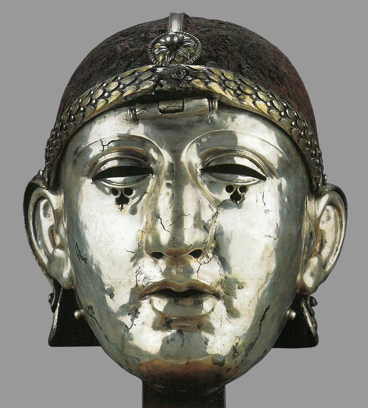 Emesa Helmet, a ceremonial Roman cavalry helmet and face mask, covered in sheet silver. It was found in Homs in Syria and dates from the 1st cent. A.D..jpg
