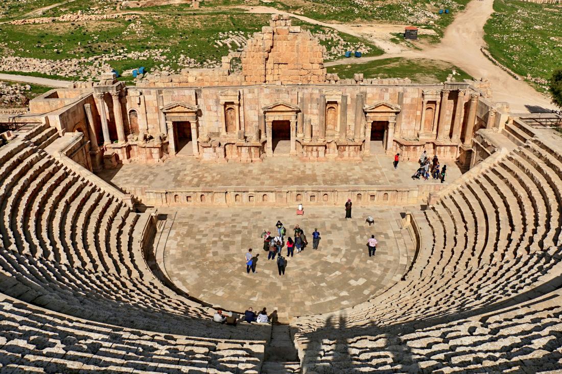 The Roman southern theatre in Gerasa, Jordan, was probably built circa A.D. 90 under the emperor Domitian.jpg