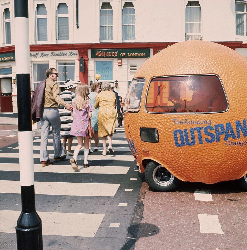 The Amazing Outspan Orange vehicle, used to promote South African oranges in the UK. London, 1973.jpg