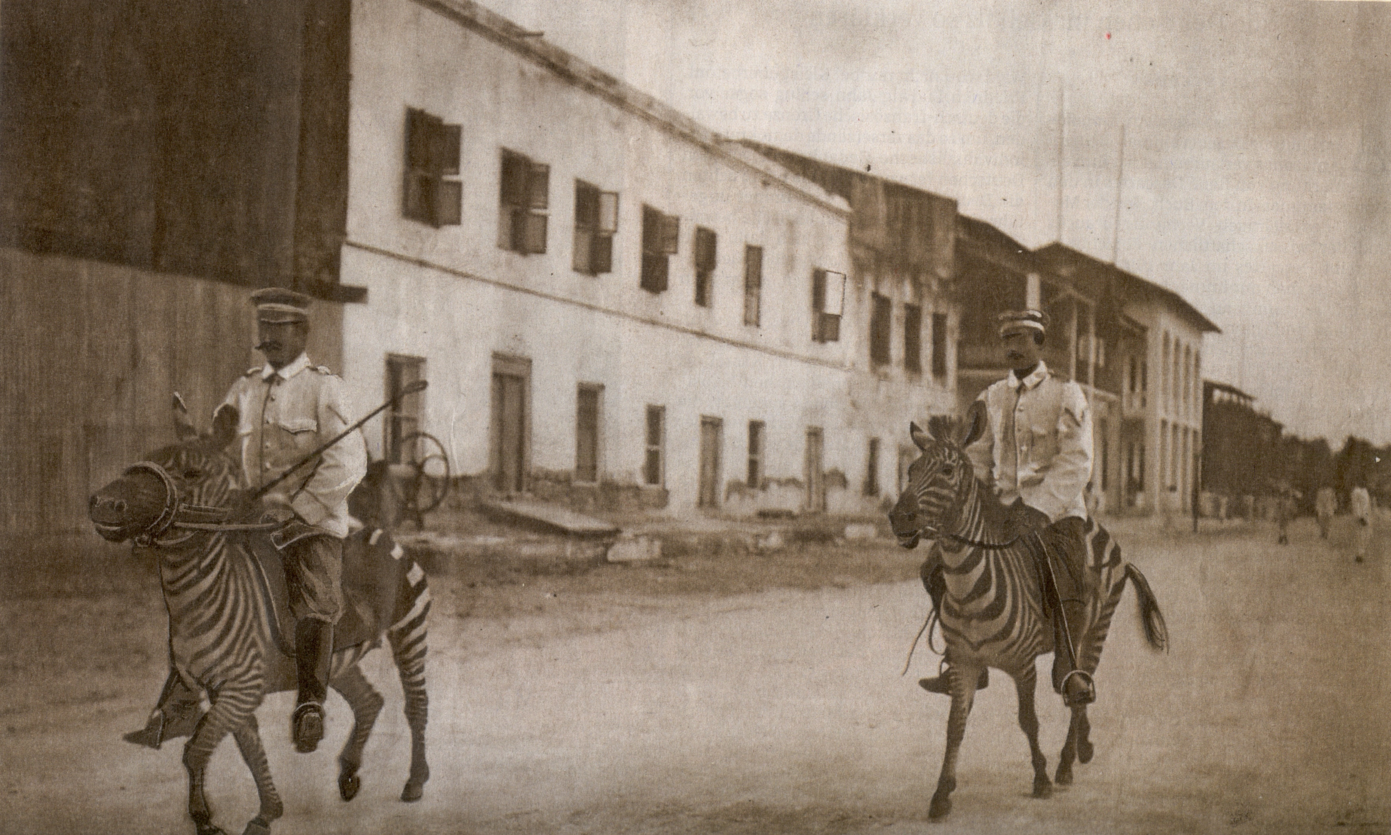 Officers of the German Schutztruppen riding a couple of Zebras through a town in German East Africa, 1911.jpg