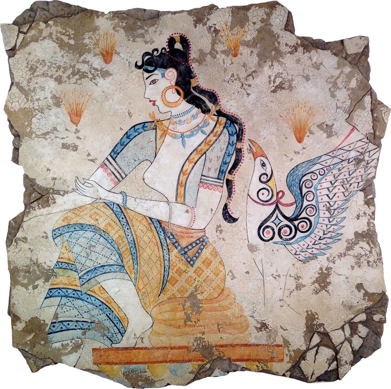 The Saffron Goddess (1600 B.C.) is a detail from a Minoan fresco depicting a saffron harvest, Akrotiri, Santorini island, Greece (National Archaeology Museum of Athens).jpg