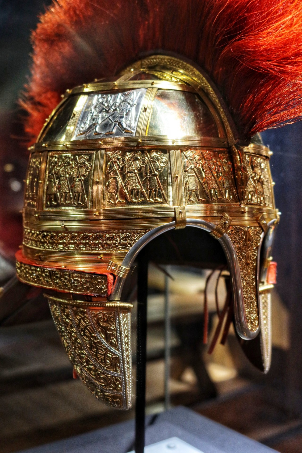 The Helmet from the Anglo-Saxon Staffordshire Hoard, expertly reconstructed from damaged parts buried ca. 7th century. Museum and Gallery, Stoke-on-Trent, Staffordshire..jpg