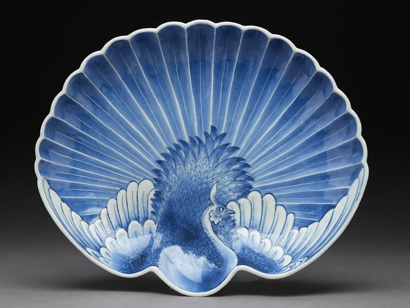 Dish in the shape of a peacock with fanned tail. Japan, Edo period, late 17th century.jpg