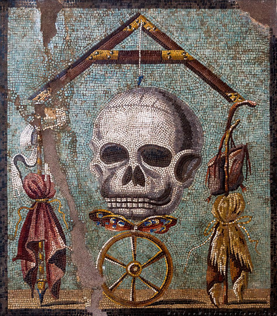 Memento Mori mosaic recovered from the doomed city of Pompeii, 30 BC - 14 AD.jpg