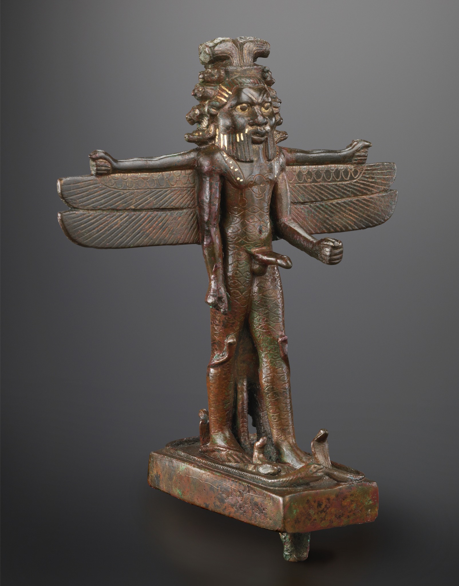 A pantheistic deity with the face of the god Bes made of bronze inlaid with gold, dated either to the Late Period or the Ptolemaic Period (circa 7th to 1st century BCE). Ancient Egypt.jpg