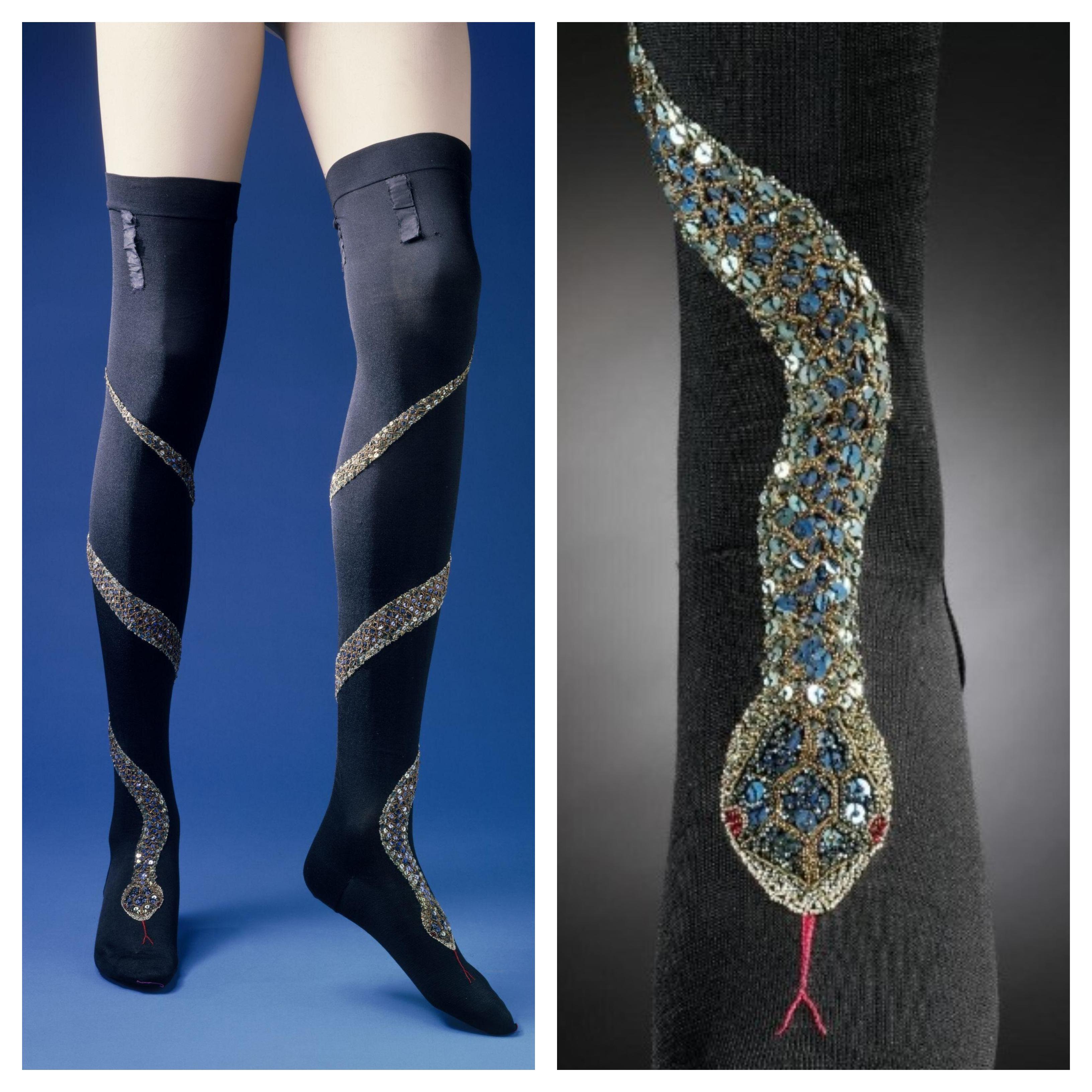 Silk stockings decorated with winding silver snake, France, 1900.jpg