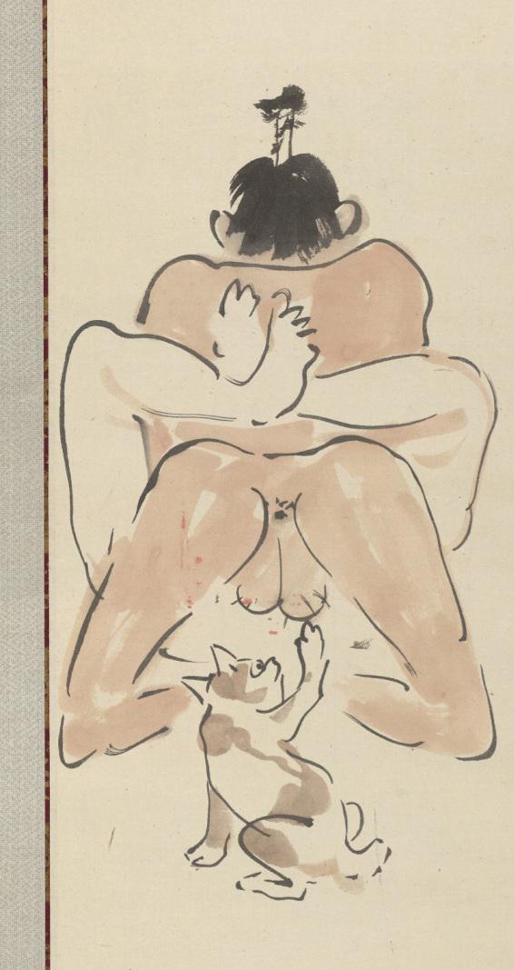 Cat playing with balls. One of Three comic shunga paintings by the Japanese artist Kawanabe Kyosai. Ca. 1871-1889 CE.jpg