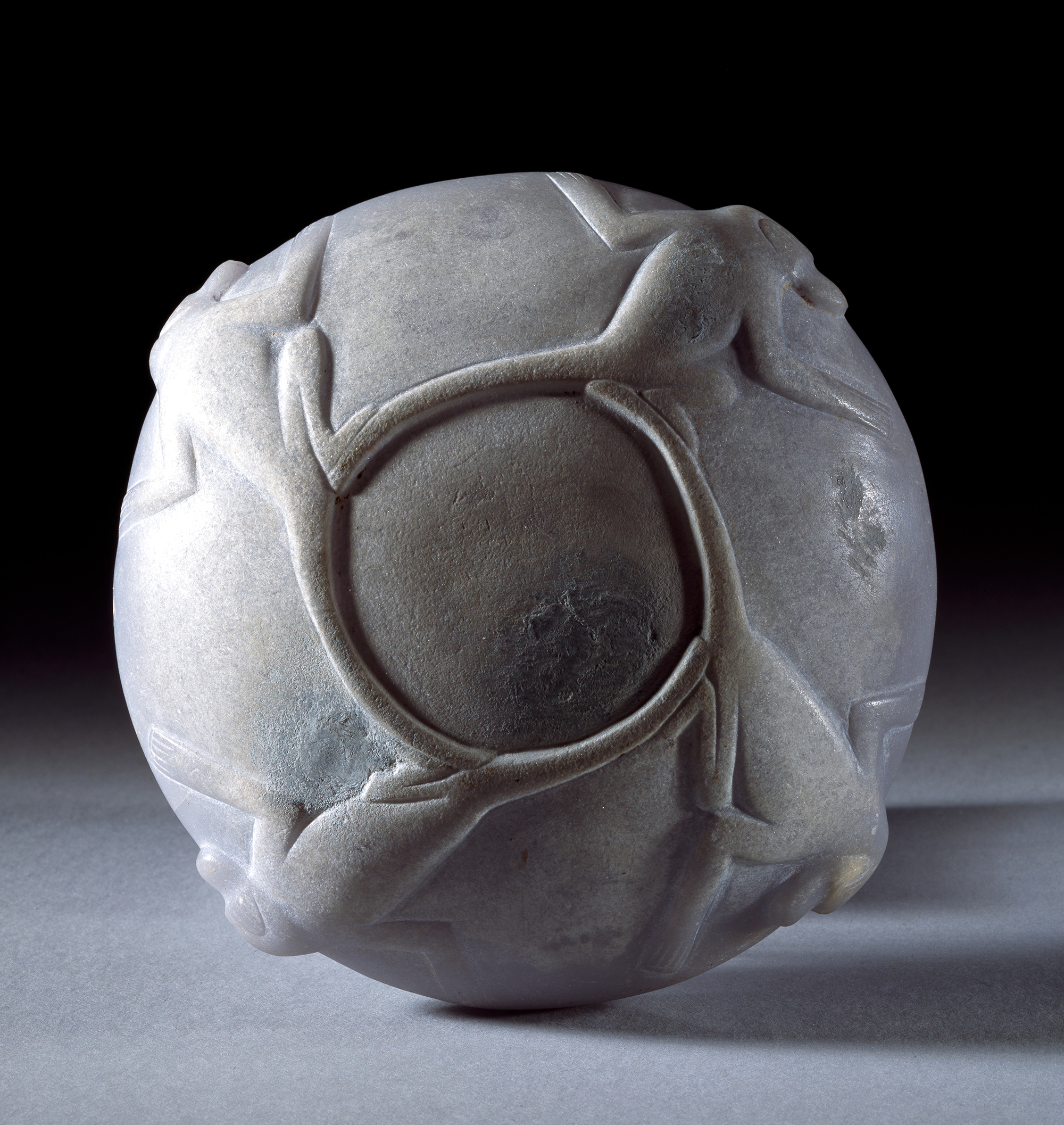 An andydrite bowl decorated with baboons, from the tomb of the Qurna Queen. From Egypt, c. 1600 BCE, now housed at the National Museum of Scotland.jpg