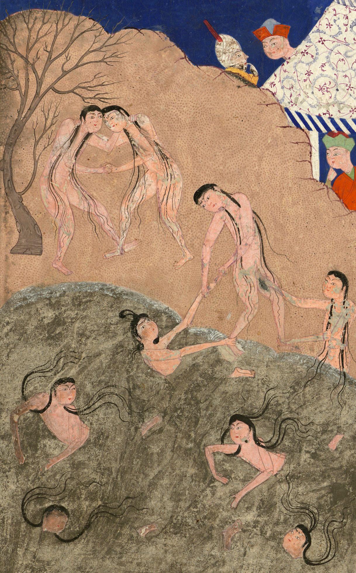Alexander the Great watching naked girls swim in the Sea of China, illustrated scene from a copy of the Iskandarnameh (Book of Alexander), a narrative poem by Nizami Ganjavi. Iran, 1517.jpg