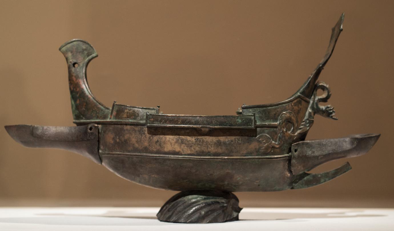 Bronze votive model ship dedicated to Zeus Baithmares with greek inscription. Bab Mareaa, Lebanon - 121-2 CE. National museum of Beirut.jpg
