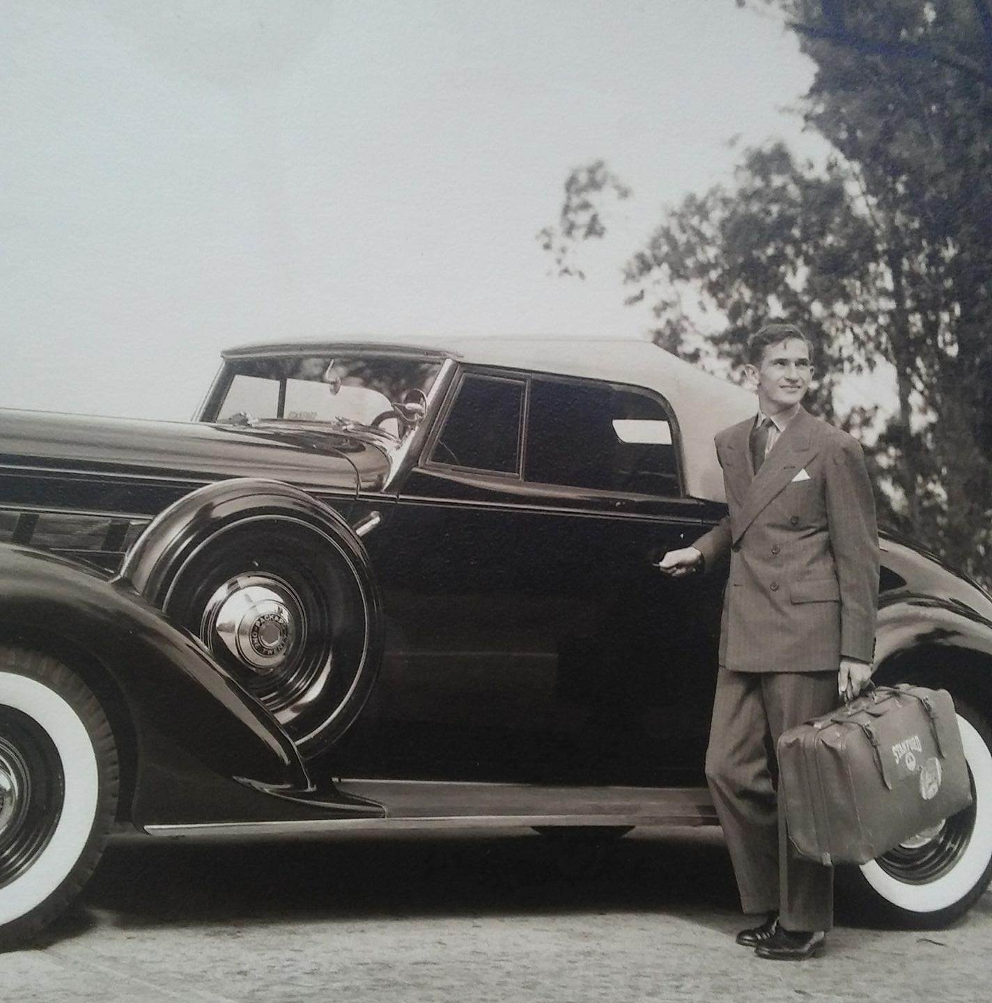 Page Gilman getting in his Packard at age 17 for his first day of school at Stanford University, approx 1935.jpg
