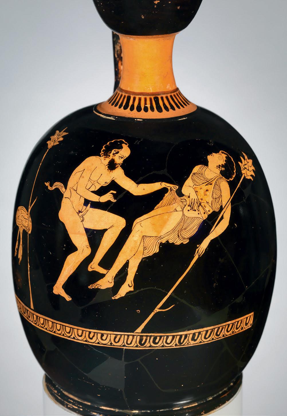 A terracotta squat lekythos with a satyr and a sleeping maenad. Greek, Attic, Classical period, ca. 430-410 BCE.jpg