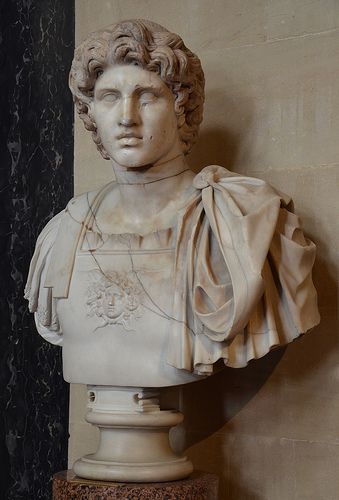 Roman bust of Alexander the Great, excavated from the ruins of Herculaneum. Currently located in Blenheim Palace Oxfordshire, England.jpg