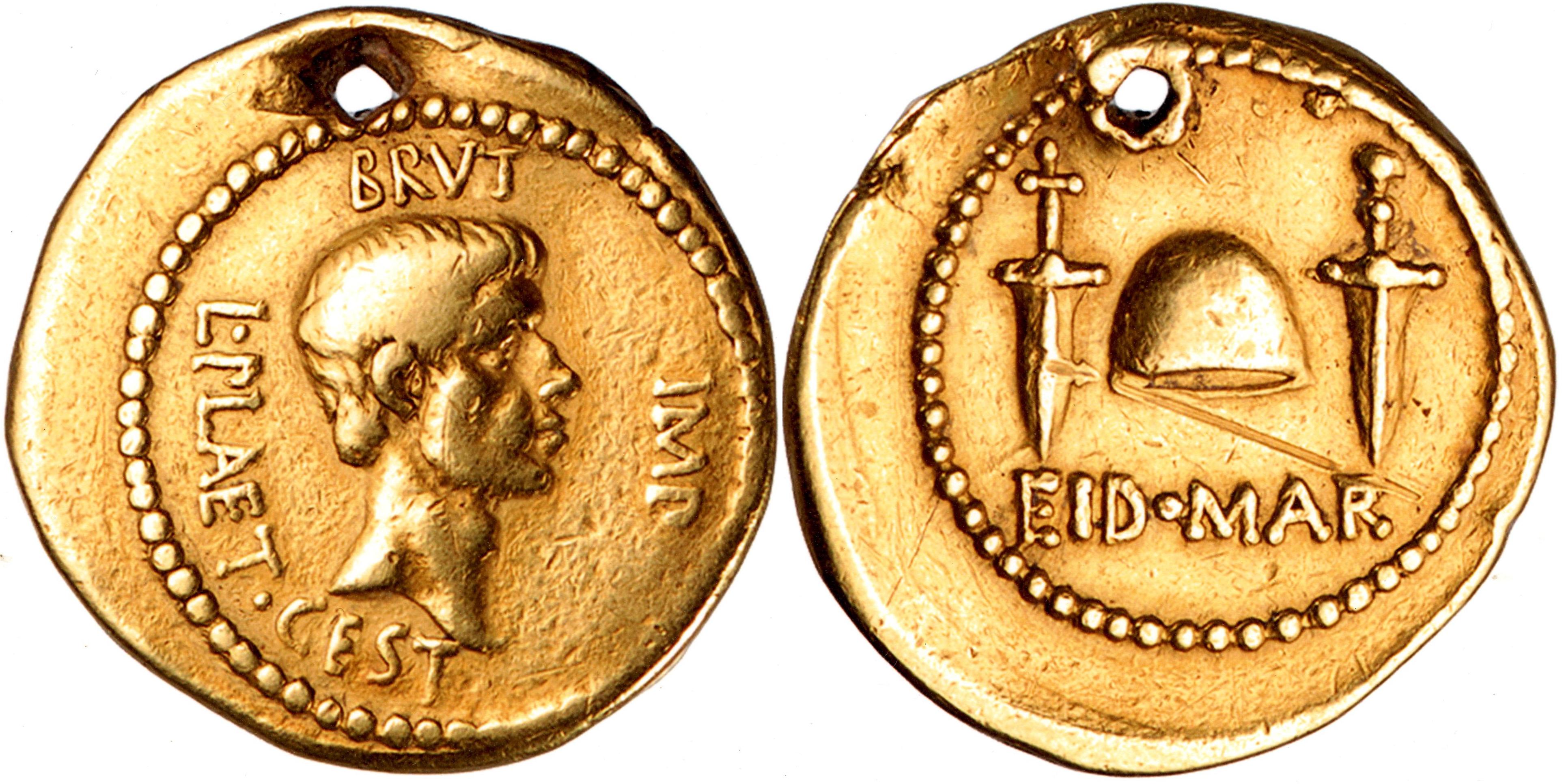 Eid Mar Aureus, minted by Brutus 43-42 BC with a mobile mint, hole punched in antiquity.jpg