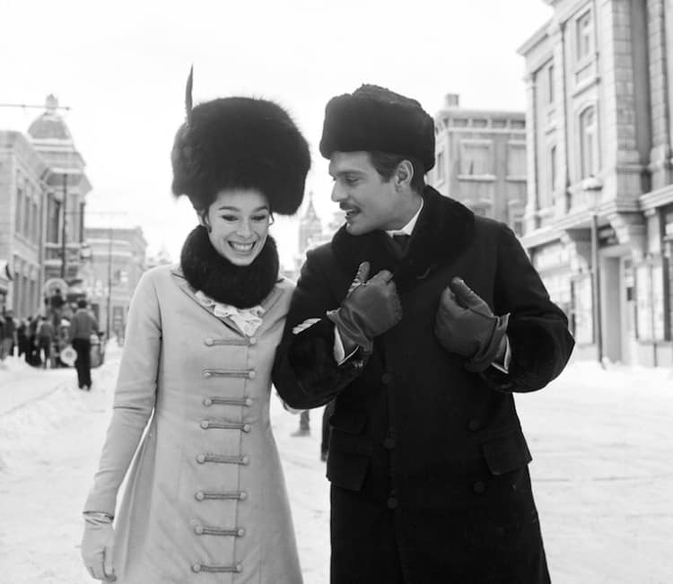 Geraldine Chaplin and Omar Sharif on the set of DOCTOR ZHIVAGO 1965, directed by David Lean. A ten-acre replica of Moscow was built in Canillas, a suburb of Madrid.jpg