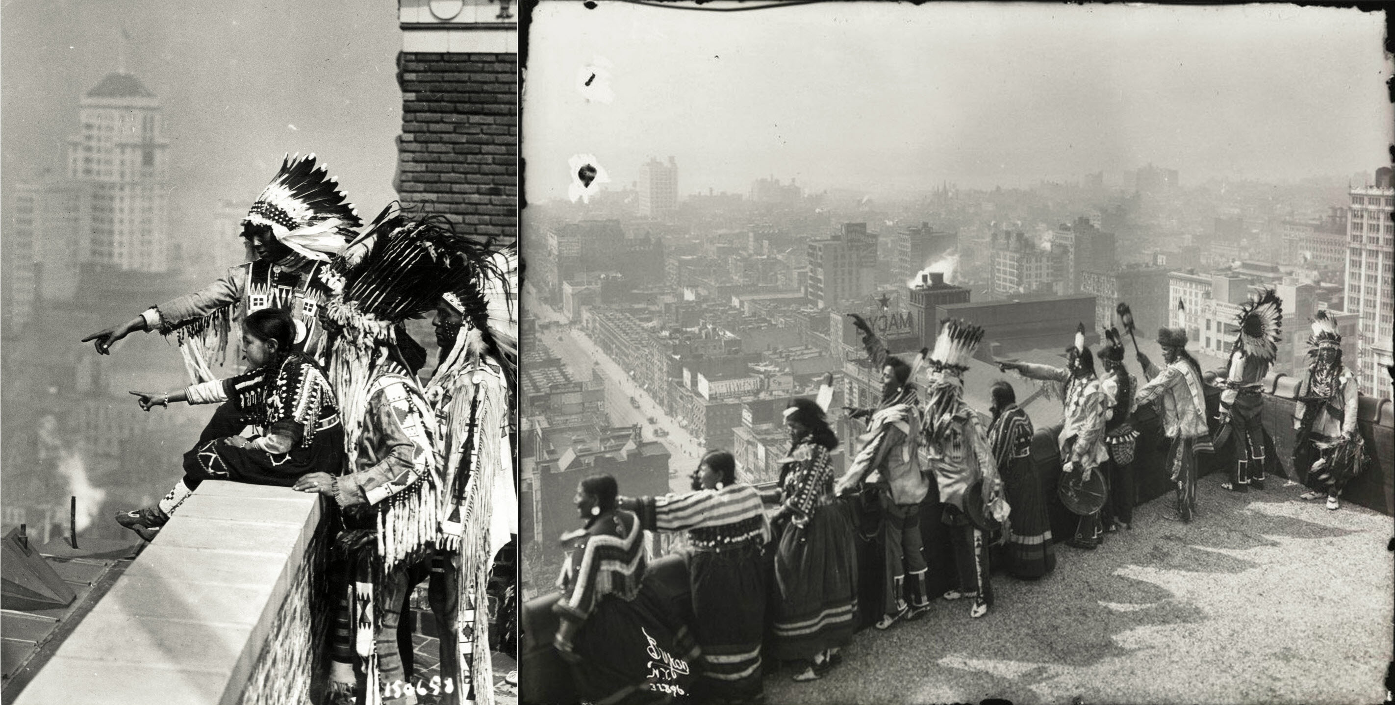 Members of the Blackfoot tribe, look at New York City from the top of the Hotel McAlpin at 34th street and Broadway, 1913.jpg