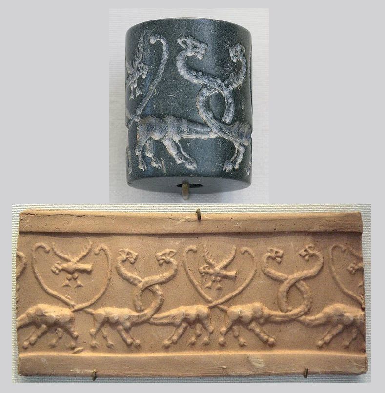 A jasper cylinder seal from Iraq, Uruk Period, 4100–3000 BCE. This early seal depicts lion-headed eagles and two Serpopards (mythical long-necked lion beasts). Now housed at the Louvre Museum.jpg