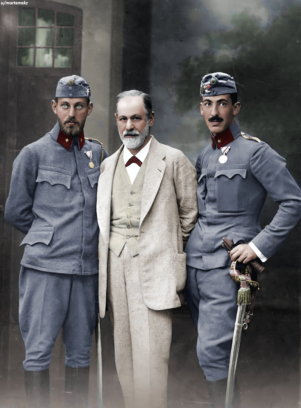 Sigmund Freud with his two sons, who served in the Austro-Hungarian army during WW1, 1914.jpg