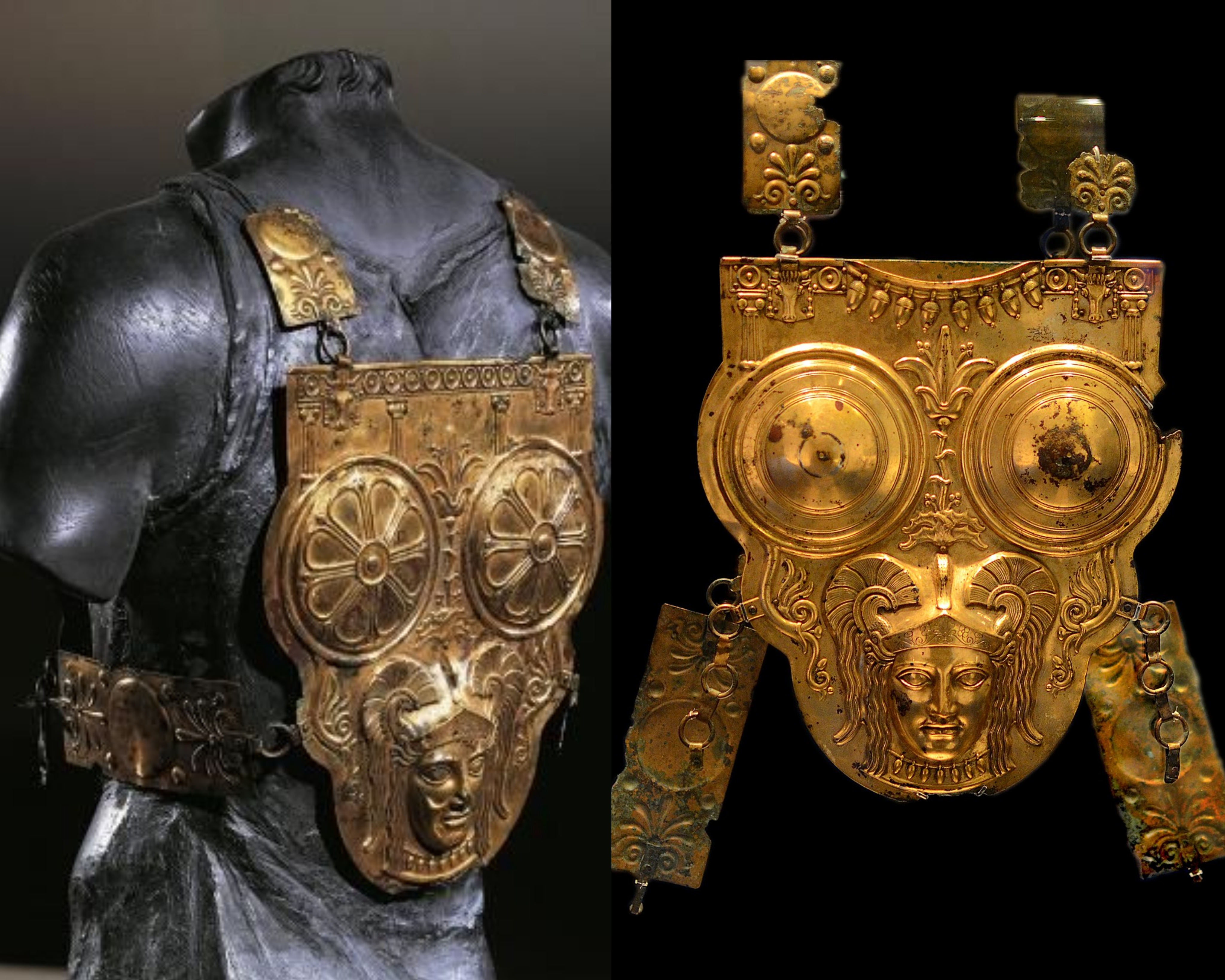 Breastplate of gilded bronze; 3rd century BC, artifact was discovered in 1919 in Carthaginian tomb at Ksour Essaf in Tunisia. It is thought to have been used in Punic Wars between Rome and Carthage.jpg