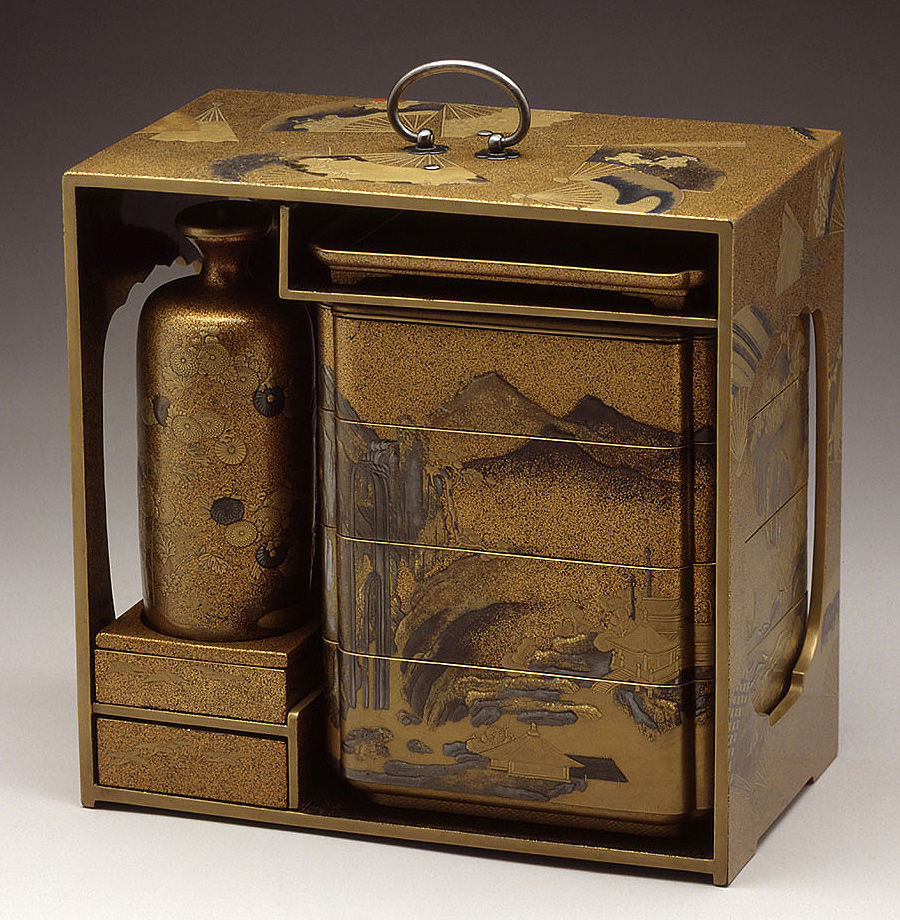 Portable picnic set with tiered food box, tray, and sake bottle. Japan, Edo period, early 1600s.jpg