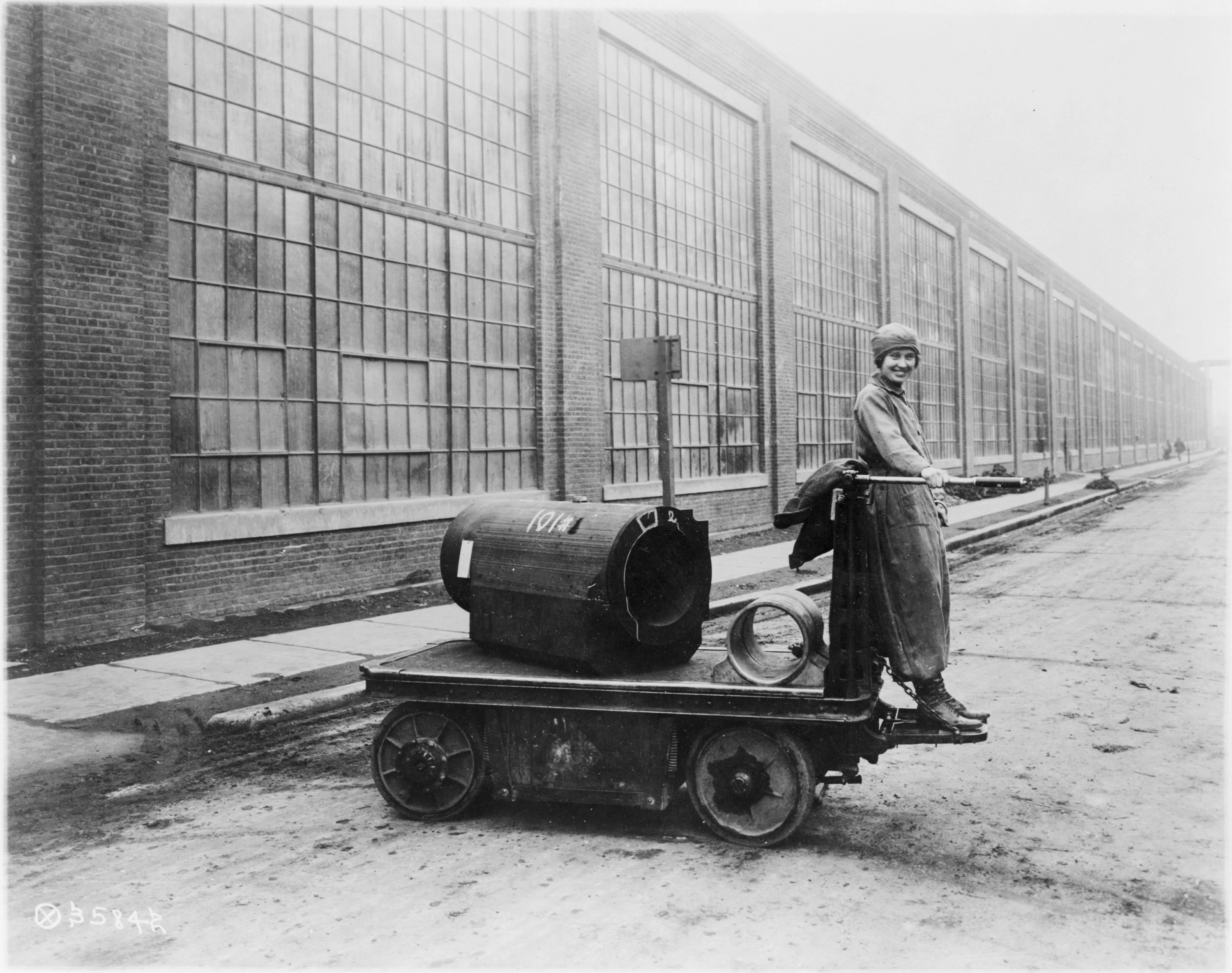 Woman with electric shop truck at World War I Arsenal at Watervliet, NY, 1910s.jpg