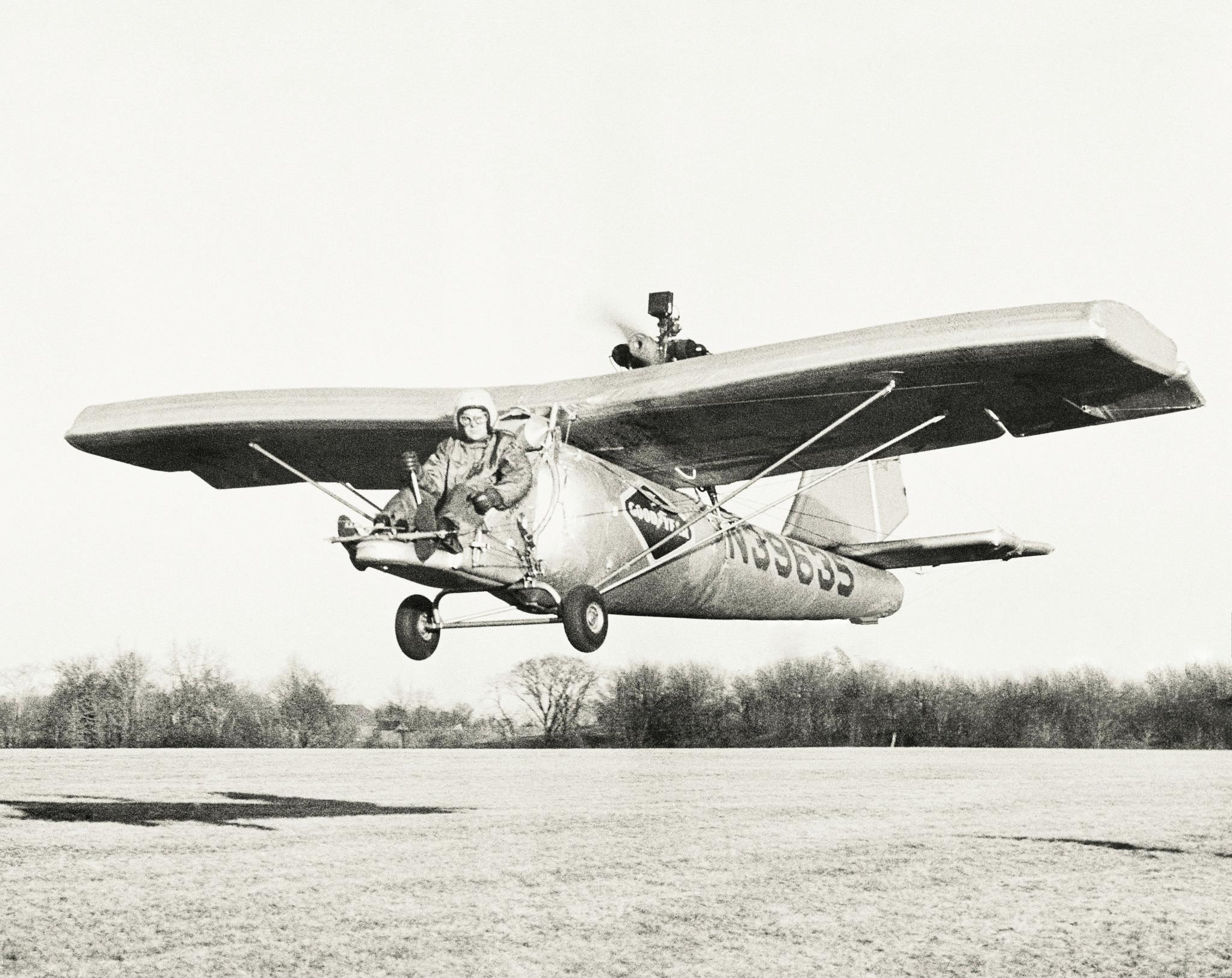 pilot Dick Ulm at Akron, Ohio, in inflatable rubber airplane powered by a 40-hp motor ..deflated is small enough to pack in the trunk of a car, 1956.jpg