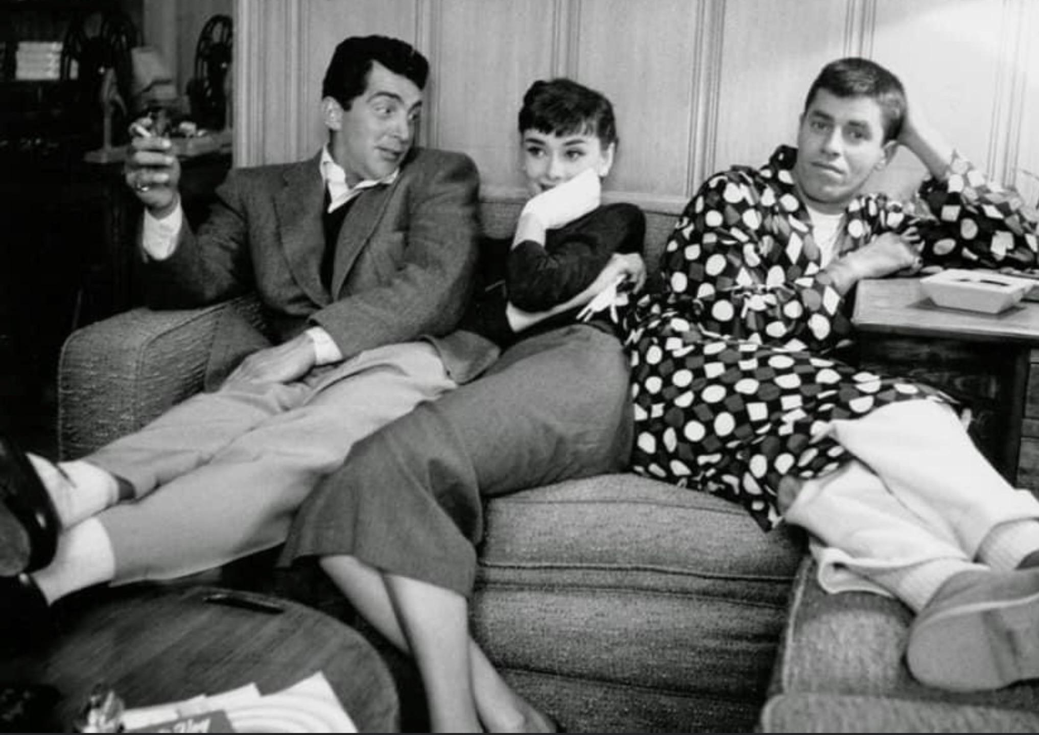 Dean Martin, Audrey Hepburn and Jerry Lewis photographed during thé production of Sabrina, 1953.jpg