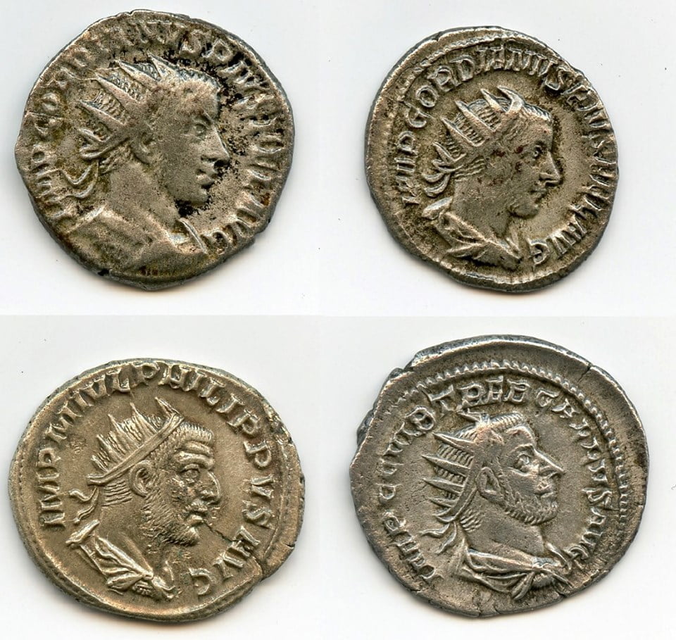 Roman silver antoninianus coins, dated back to 3rd century CE. Objects were found in province of Vojvodina, northern Serbia.jpg