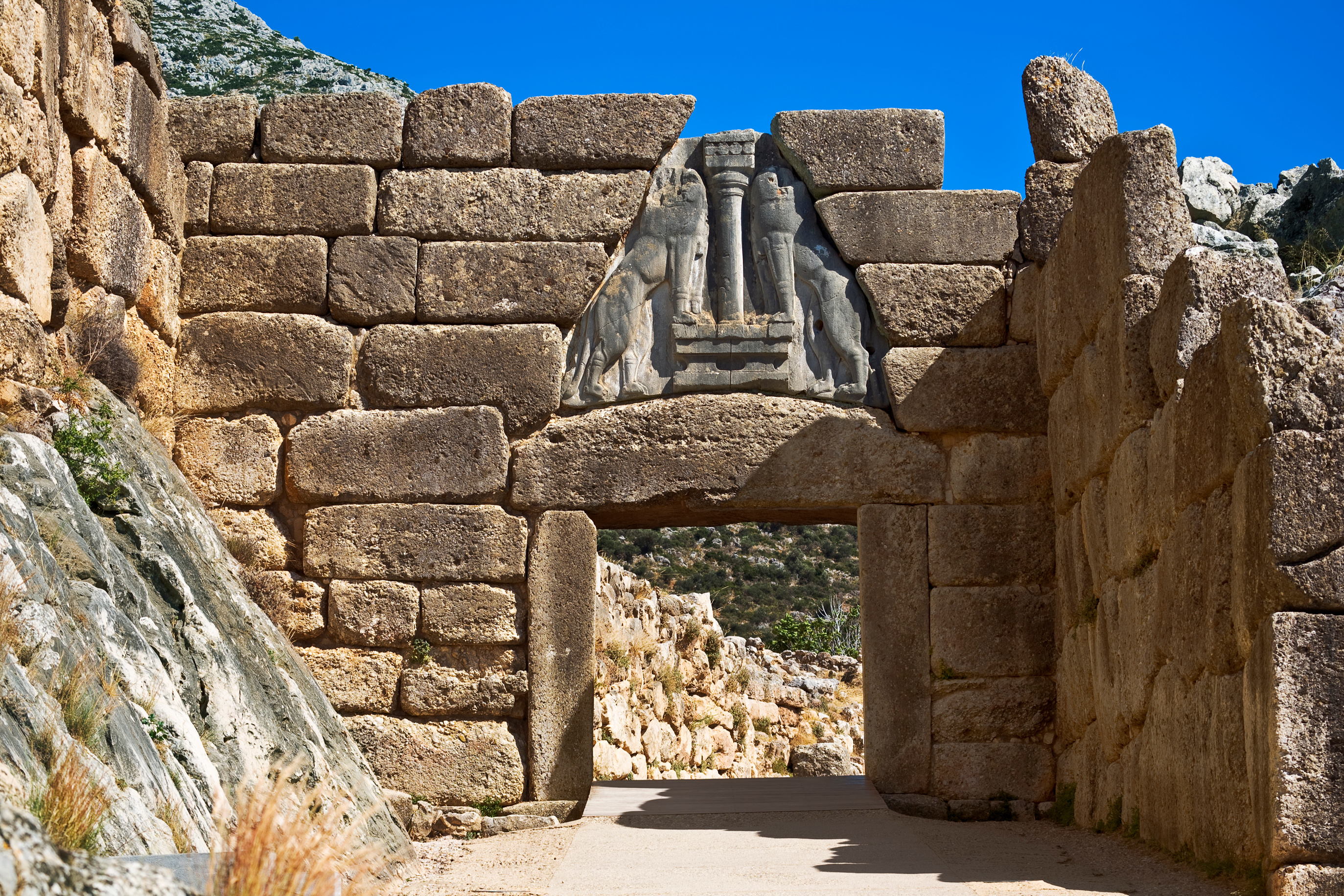 The Lion Gate entrance at the citadel of Mycenae, southern Greece. It was erected during the 13th century BC, around 1.250 BC in the northwest side of the acropolis.jpg