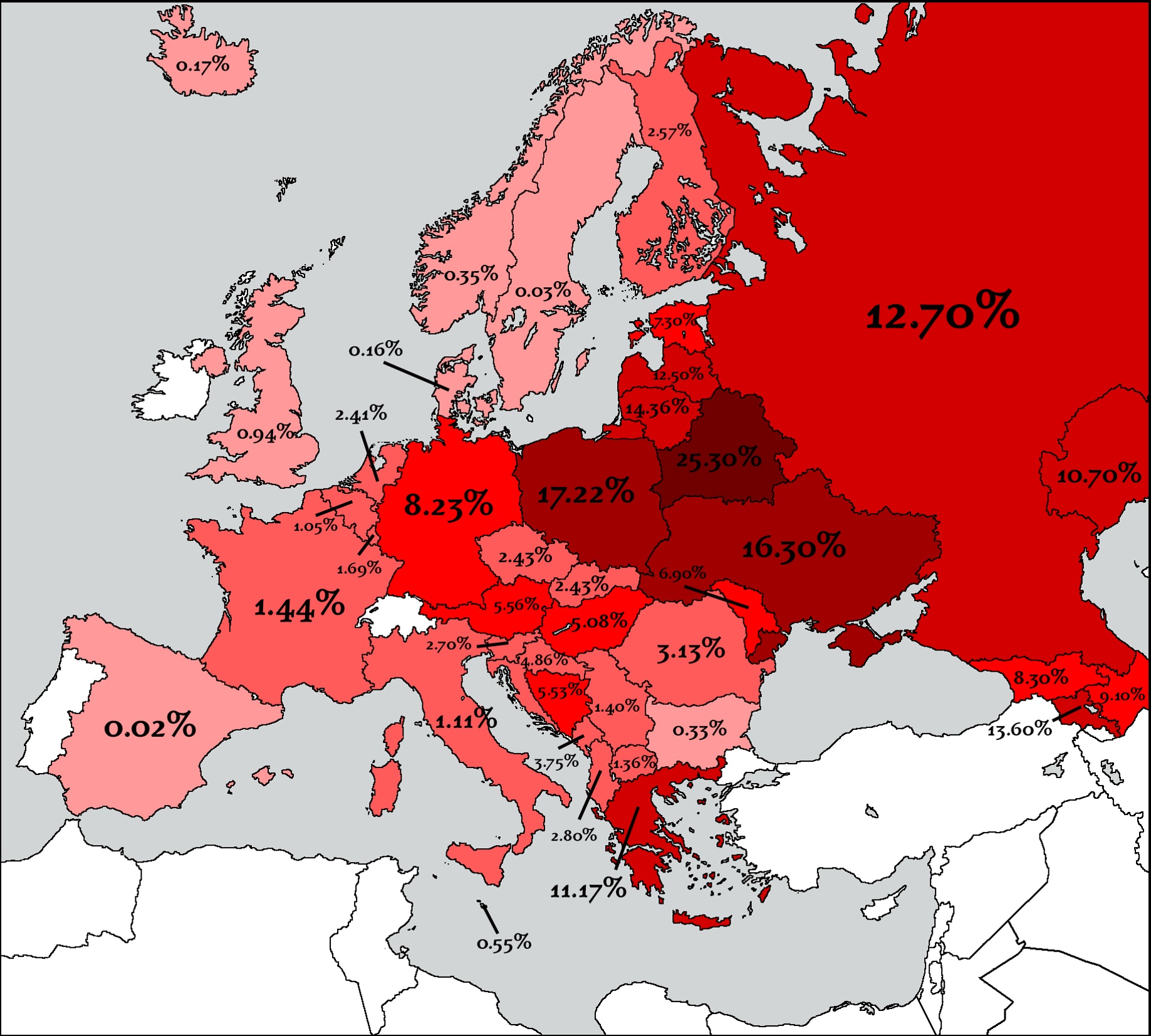 People killed or murdered during WWII in Europe expressed as a % of Population.jpg