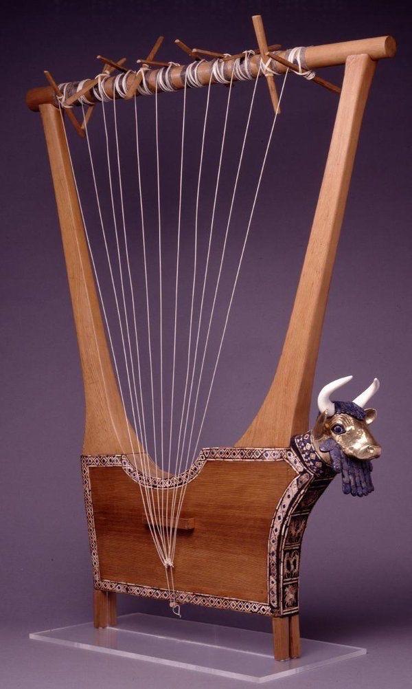Considered one of the oldest stringed instruments, the bull-headed lyre found in the tomb of Puabi, the queen or priestess of Ur, Mesopotamia ca. 2700 BC. British museum.jpg