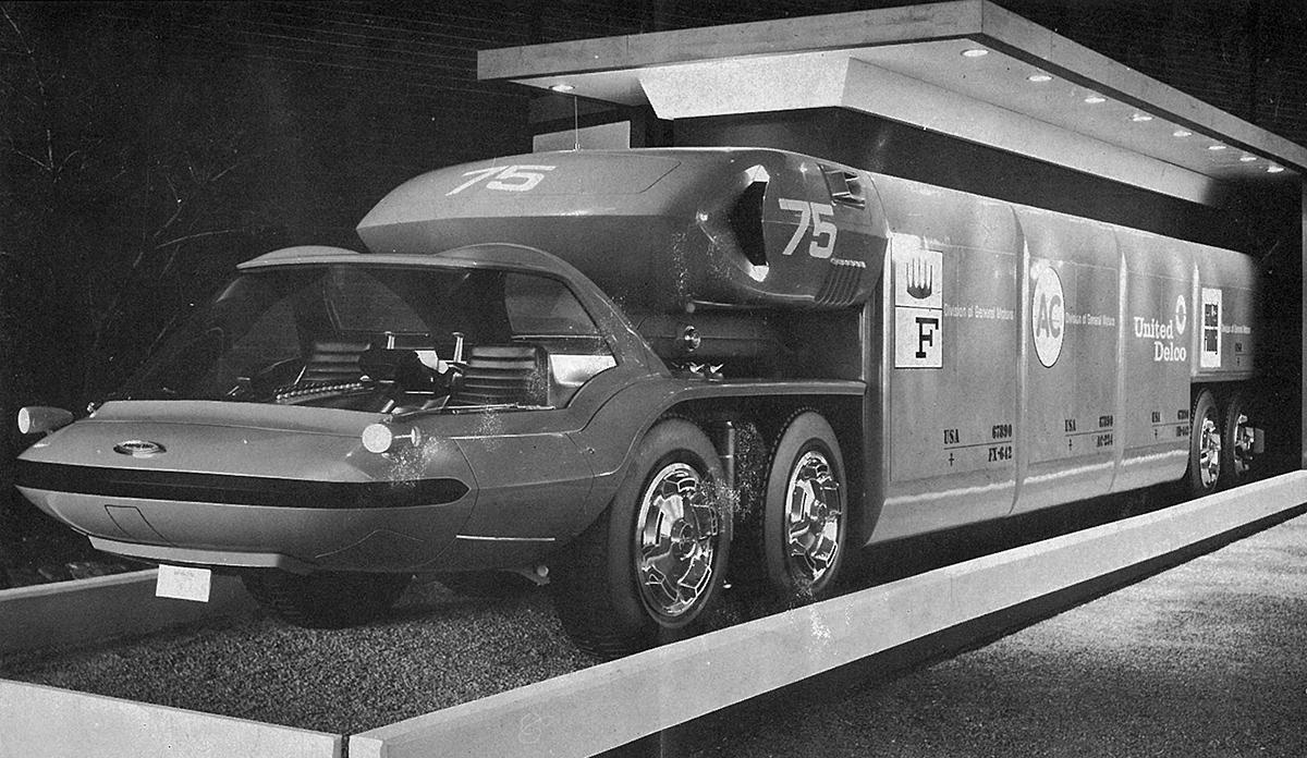 1964 GM Bison - Experimental semi-truck powered by two different-size gas turbines producing electricity to drive the wheels. No working example was ever made, only this mockup.jpg