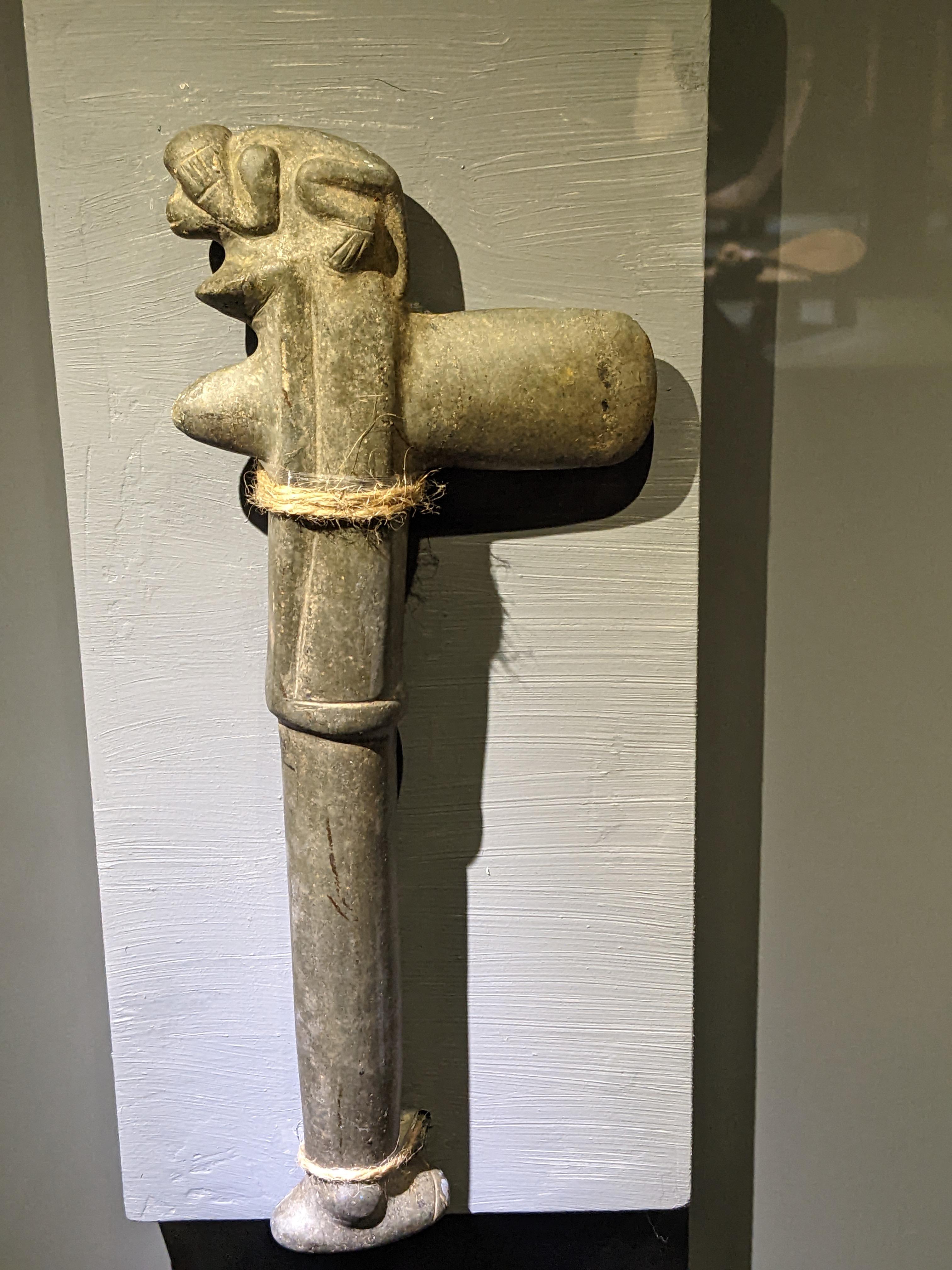 A Taíno stone axe recently displayed in a new exposition, it depicts the Hispaniolan monkey an animal that has been extinct since around the European colonization of the island.jpg