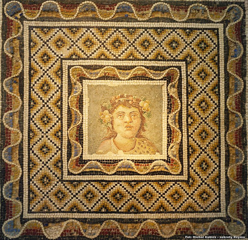 Mosaic depicting Bacchus; dated to the 3rd century CE. Object was found around via Flaminia in Rome. Currently in the Palazzo Massimo alle Terme museum..jpg