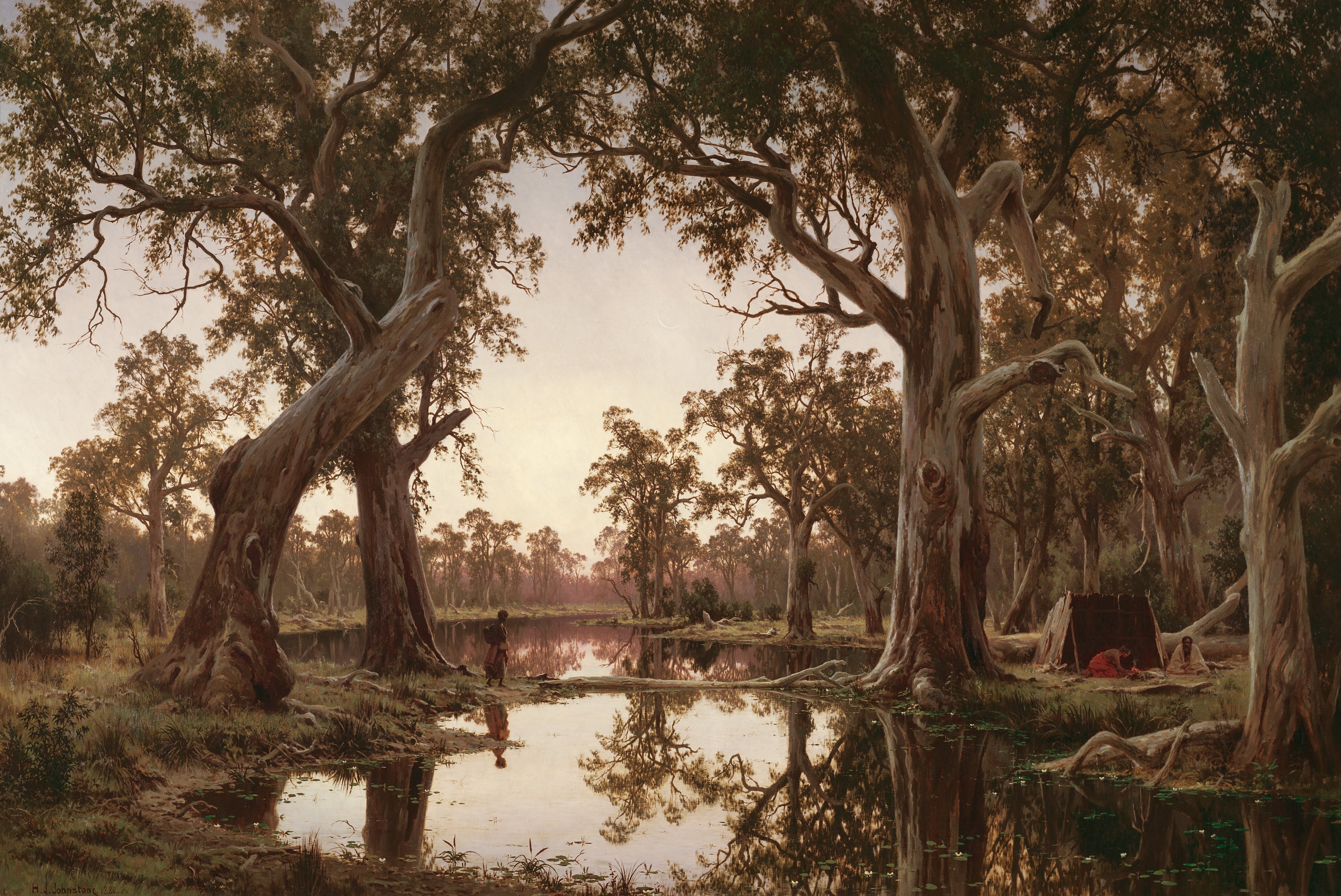 Henry James Johnstone — Evening shadows, backwater of the Murray, South Australia (1880).jpg