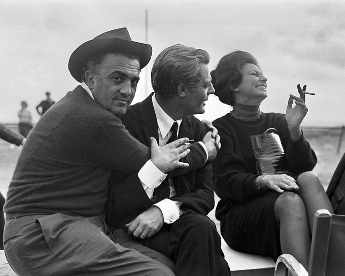 1963, 8 and a half set. Fellini, Mastroianni, Loren.jpg