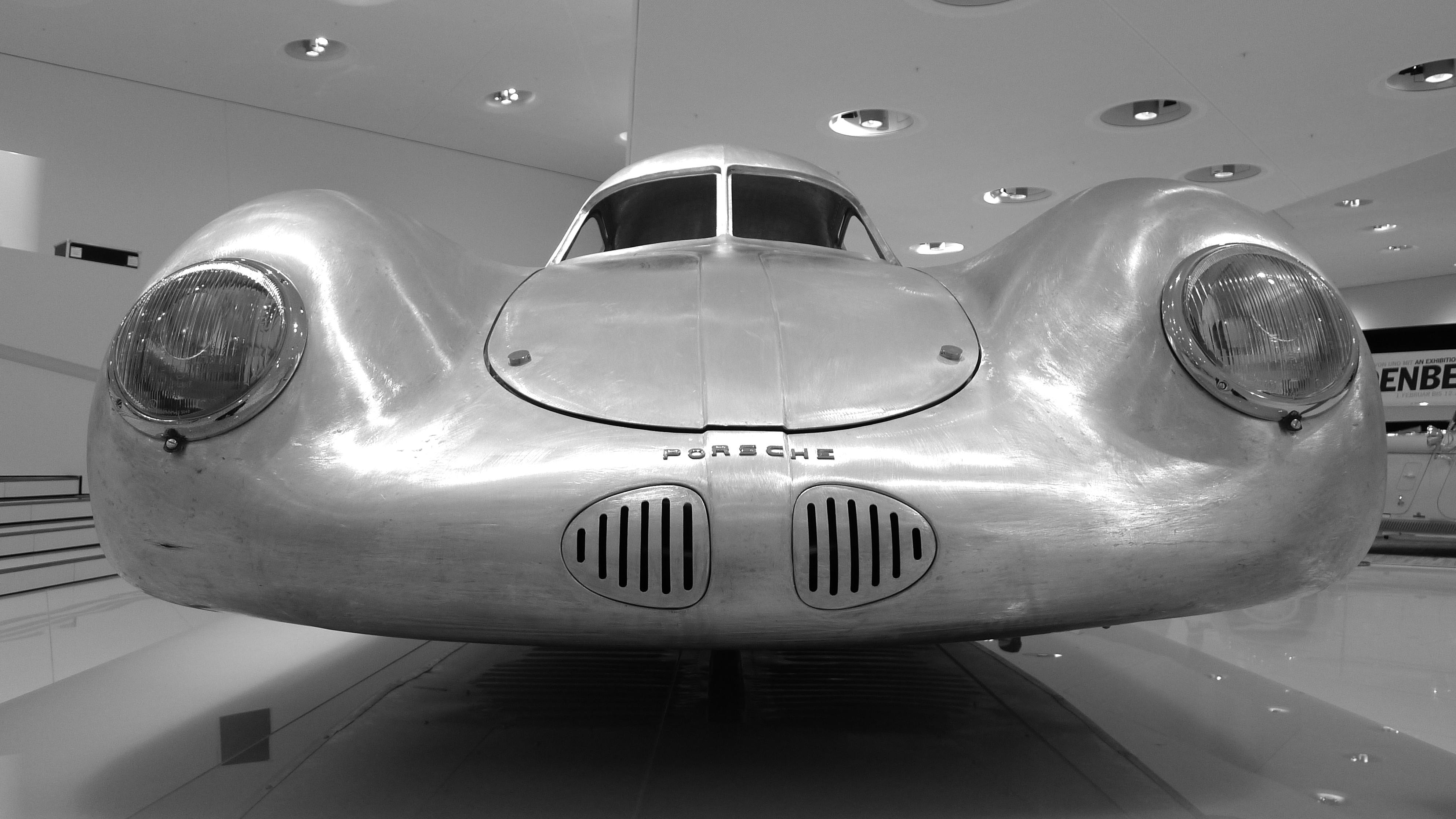 Aluminium body of early Porsche Typ 64 prototype, displayed without wheels, photo by Winfried Scheuer.jpg