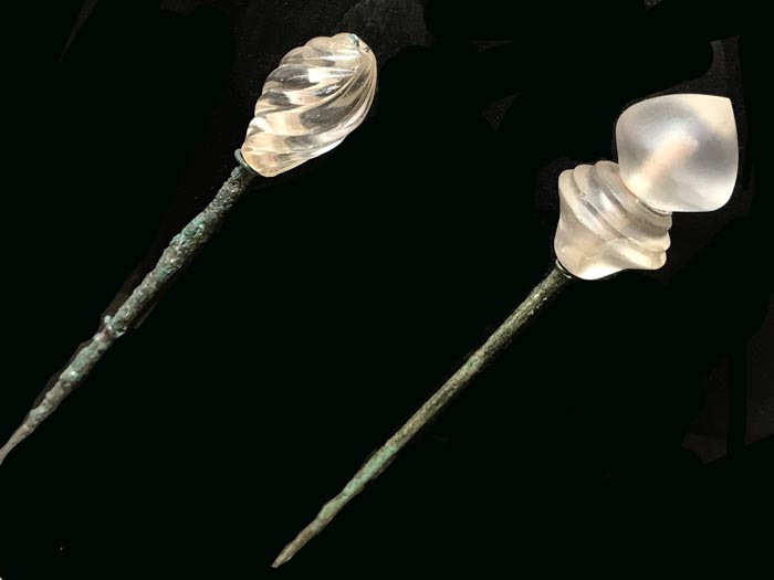 Pins made of bronze and rock crystal, from Mycenae. 16th century BCE, now housed at the National Archaeological Museum of Athens in Greece.jpg